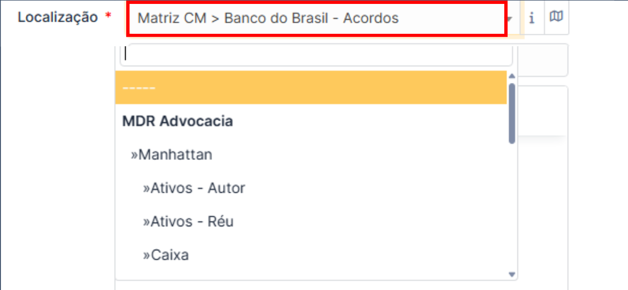 Dropdown de localização com opções de escritório e setor.